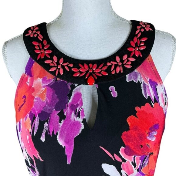 Sandra Darren Dress Beaded Keyhole Watercolor Floral Slip On Black Pink Size 12 - Picture 2 of 16